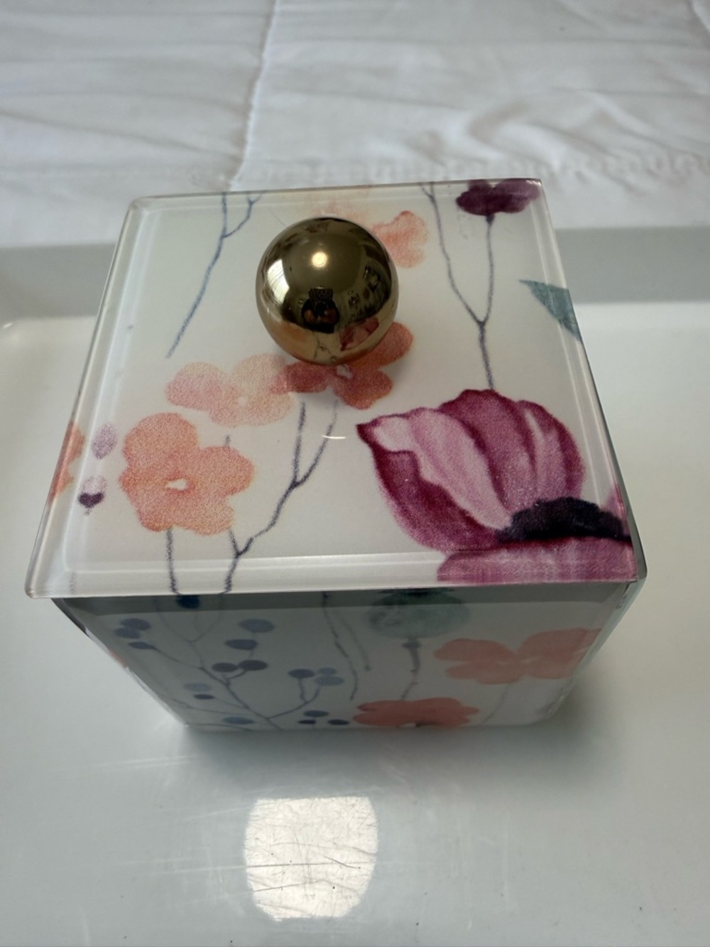 Floral Decorative acrylic Storage Box with Gold Knob & leather lining.
